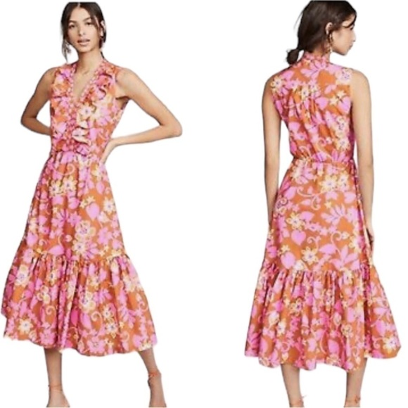 Warm Sierra Sleeveless Orange Pink Floral Cotton Tiered Midi Dress 2 - Picture 11 of 11
